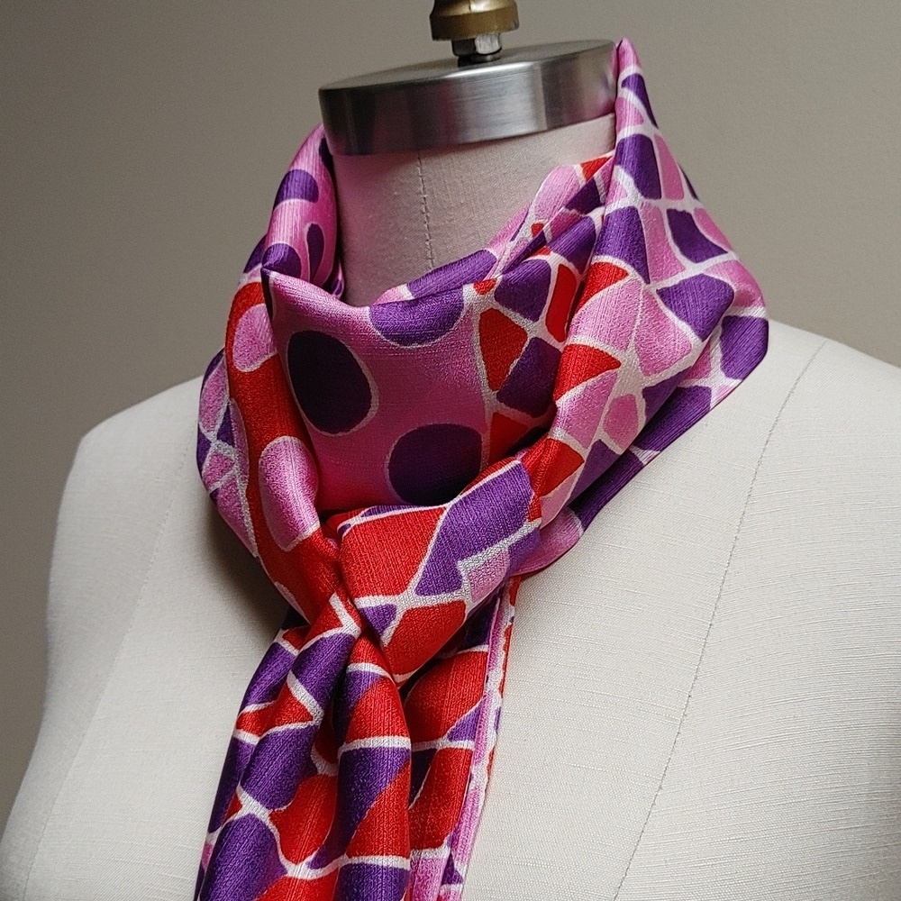 Vintage Sash Scarf Wrap in Circle Diamond Square Print Pink Purple Orange White - Picture 4 of 16